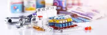 Pharmacy theme, capsule pills with medicine in packages.