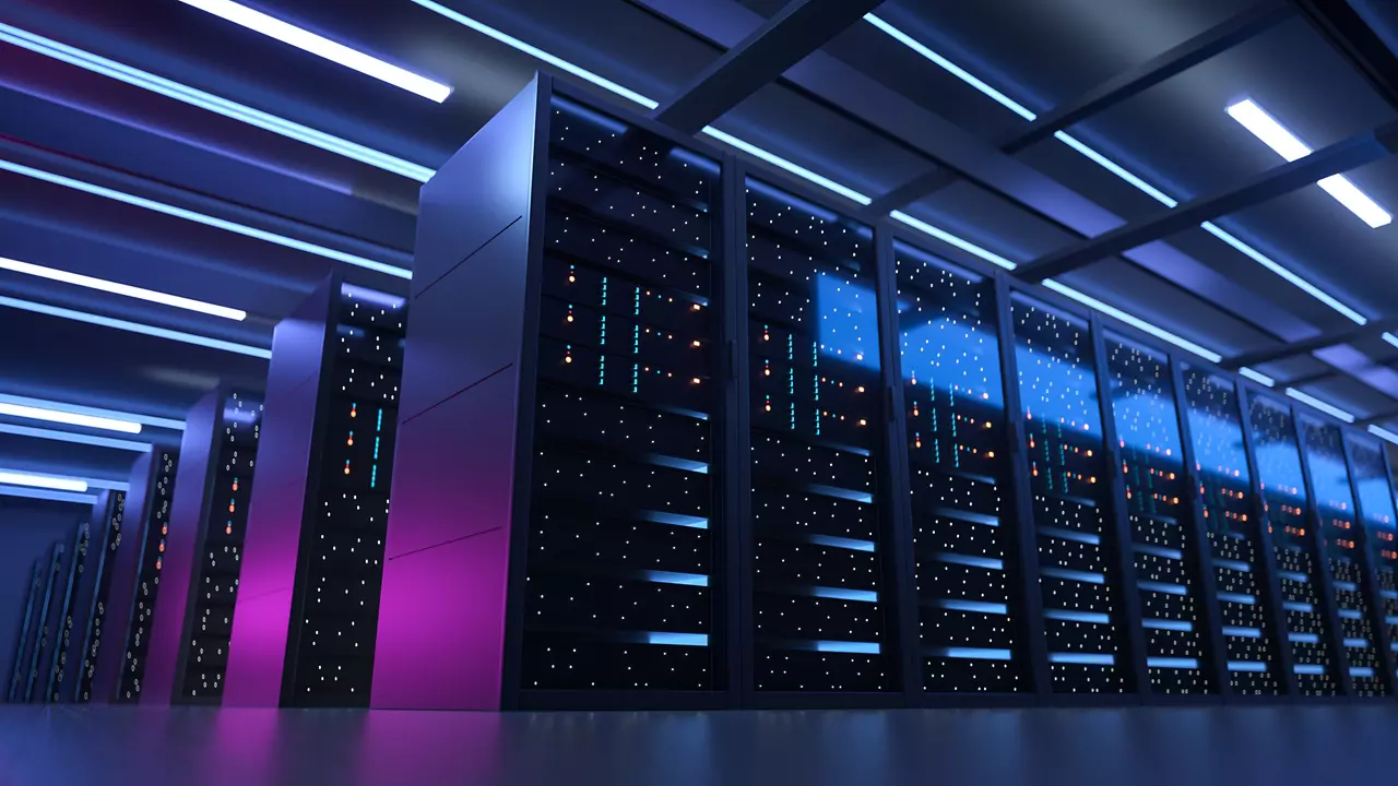 Working Data Center Full of Rack Servers and Supercomputers  